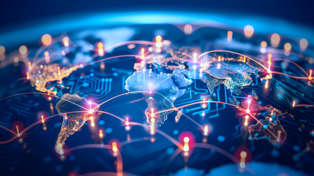 Digital world map with glowing network connections across continents