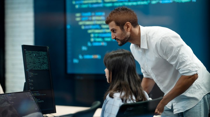 An abstract, digital illustration representing comprehensive application security (DevSecOps), featuring glowing lines of code.