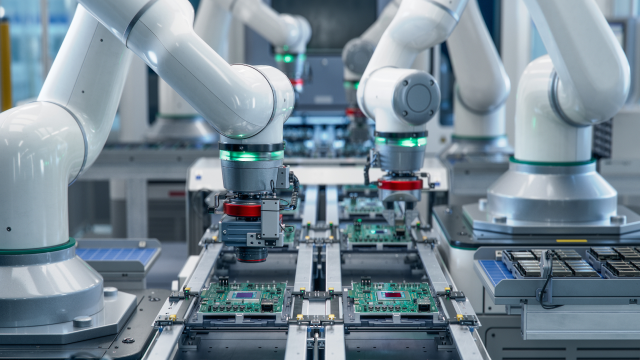 Robotic arms assembling circuit board in an automated factory