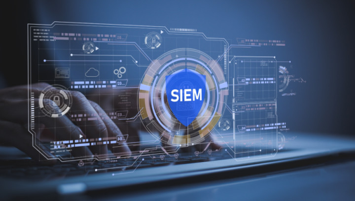 Hands typing on a laptop with a digital SIEM cybersecurity interface displayed on screen