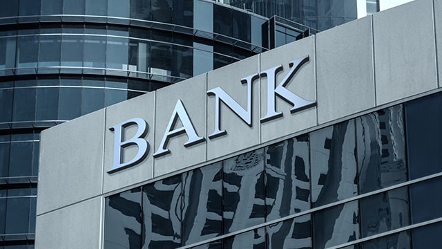 The word bank on a building.