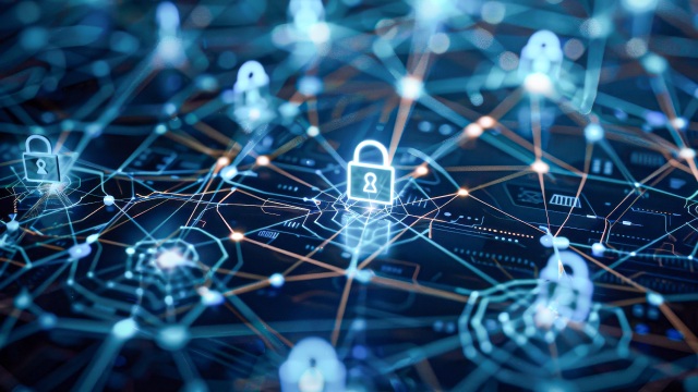 Digital network with glowing padlock icons representing cybersecurity