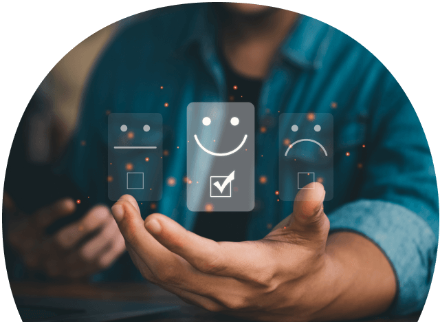 A person holding a hand with a smiley face and check mark
