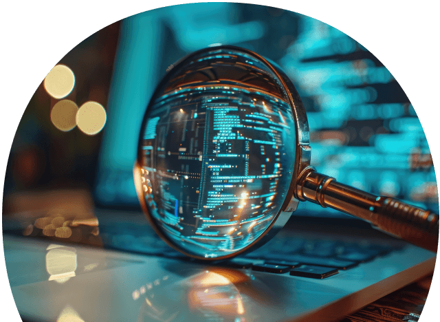 A magnifying glass on a laptop with code on the screen