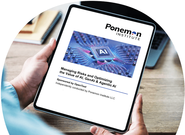 Person mit einem Tablet, das einen Bericht des Ponemon Institute mit dem Titel "Managing Risks and Optimizing the Value of AI, GenAI & Agentic AI" zeigt.