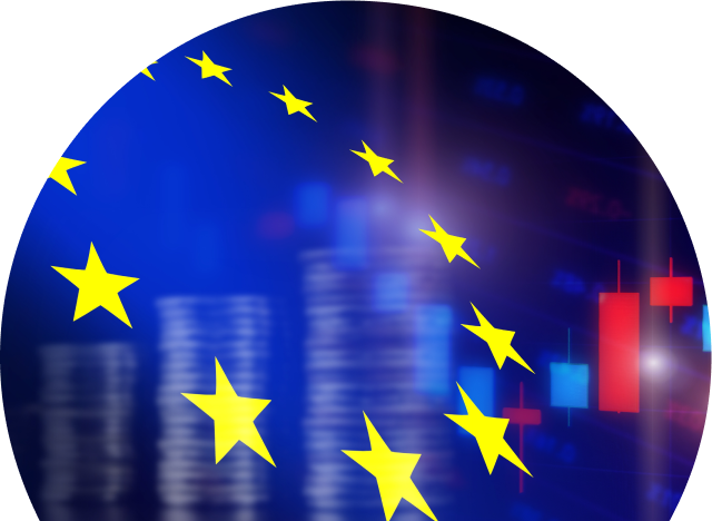 EU flag stars over digital noise.