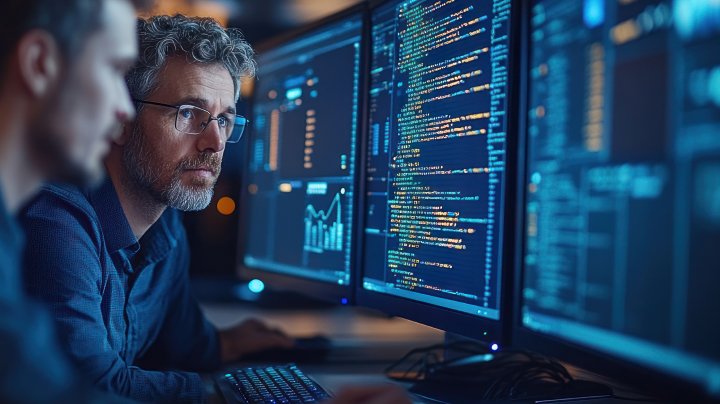 Focused programmers analyze code on multiple monitors