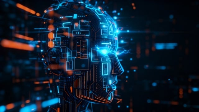 Futuristic AI human head with glowing digital circuits and data patterns