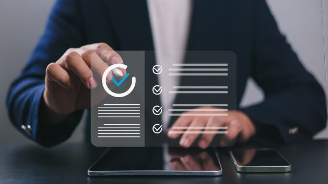 Businessman interacting with a digital checklist and clock icon overlay