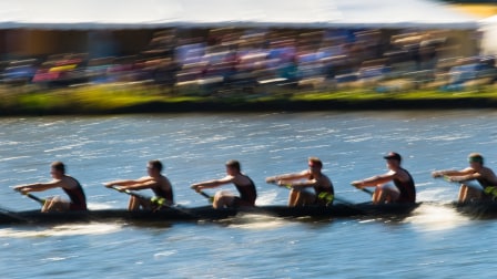Equipo de remo de competición que rema en perfecta sincronía durante una regata fluvial