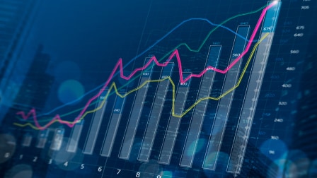 Gráfico de crecimiento del negocio digital que muestra curvas con tendencia al alza y análisis de datos sobre fondo azul