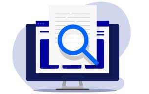 Illustration of a computer screen with a document and magnifying glass icon