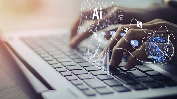 Close up of hands typing on keyboard with illustrated AI graphics floating above hands.