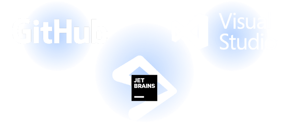 Visual Studio logo, Jet Brains logo and GitHub logo