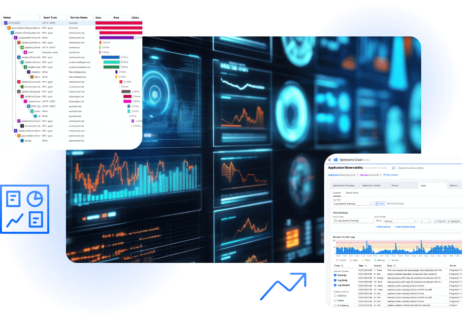 Dashboards showing trace details, anomaly bursts, and logs used to identify slowdowns and provide observability insights.