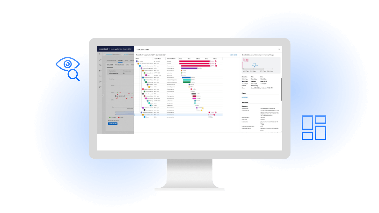 Monitor displaying OpenText Core Application Observability dashboard with trace details and service metrics.