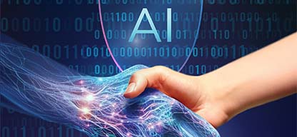 Graphic with the words 'AI’ on a dark blue background with abstract digital patterns