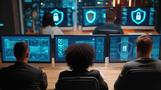 Three employees reviewing data on computers
