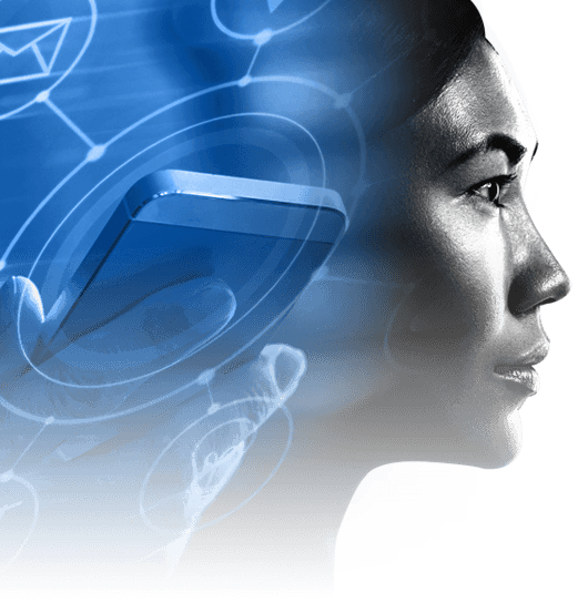 Branding image with woman’s face and icons on connected customer experience